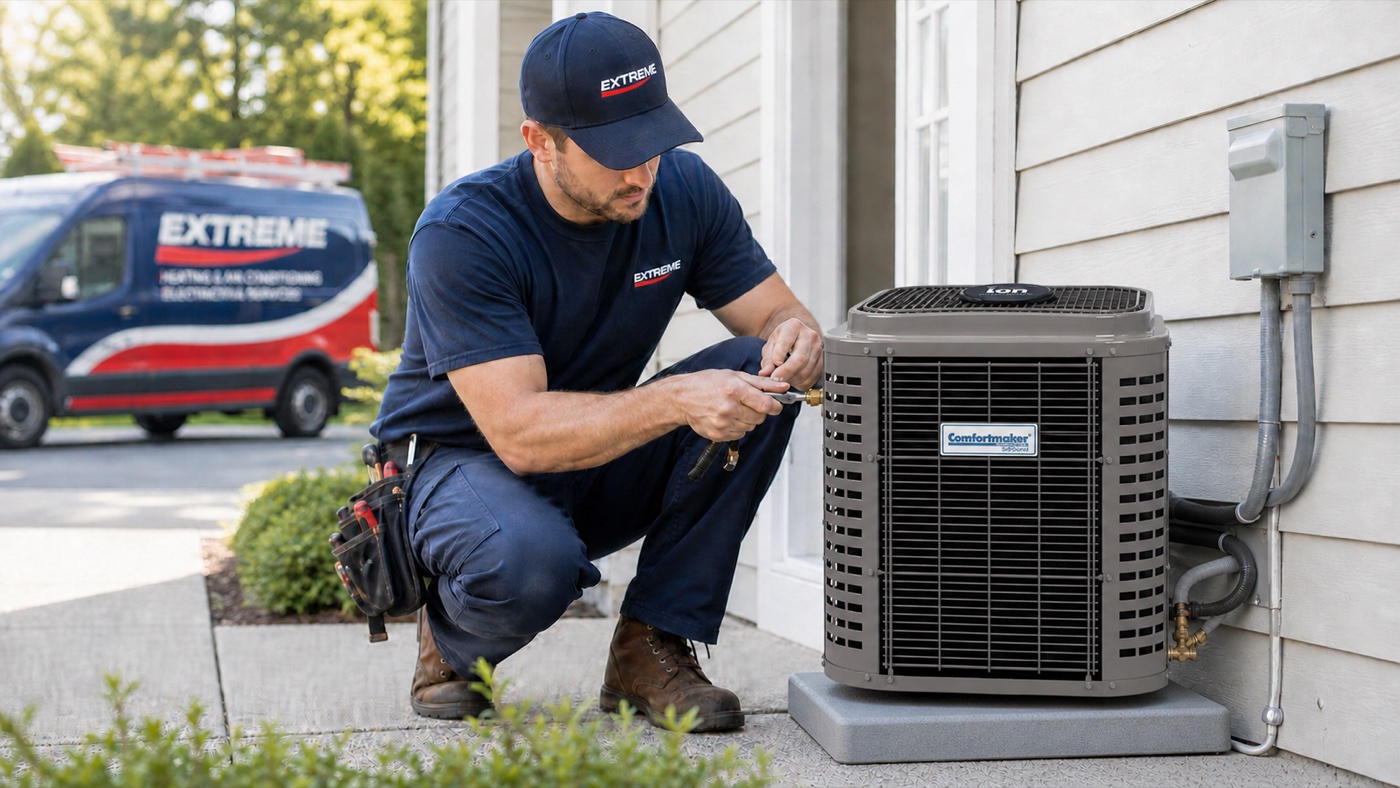 Extreme technician servicing a Comfortmaker air conditioner