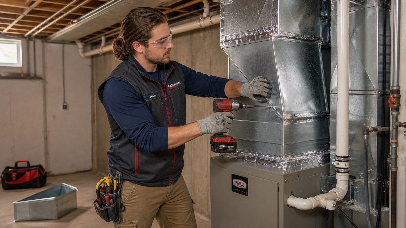 Extreme technician installing furnace ductwork