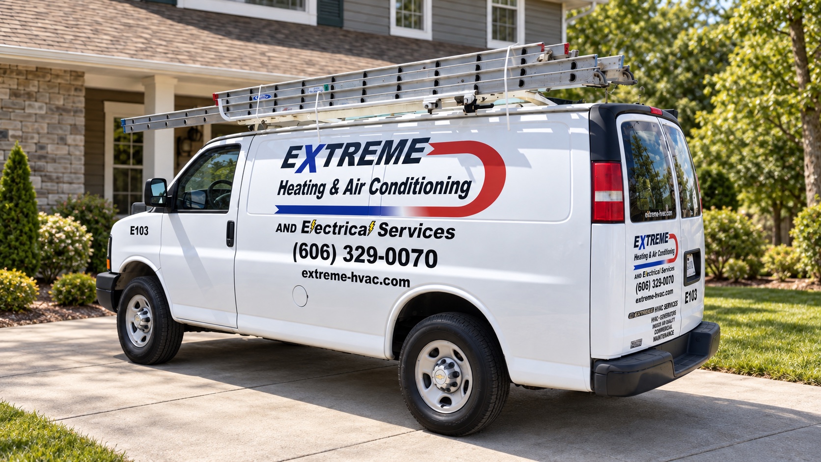 Extreme service van E103 with company lettering and ladder rack