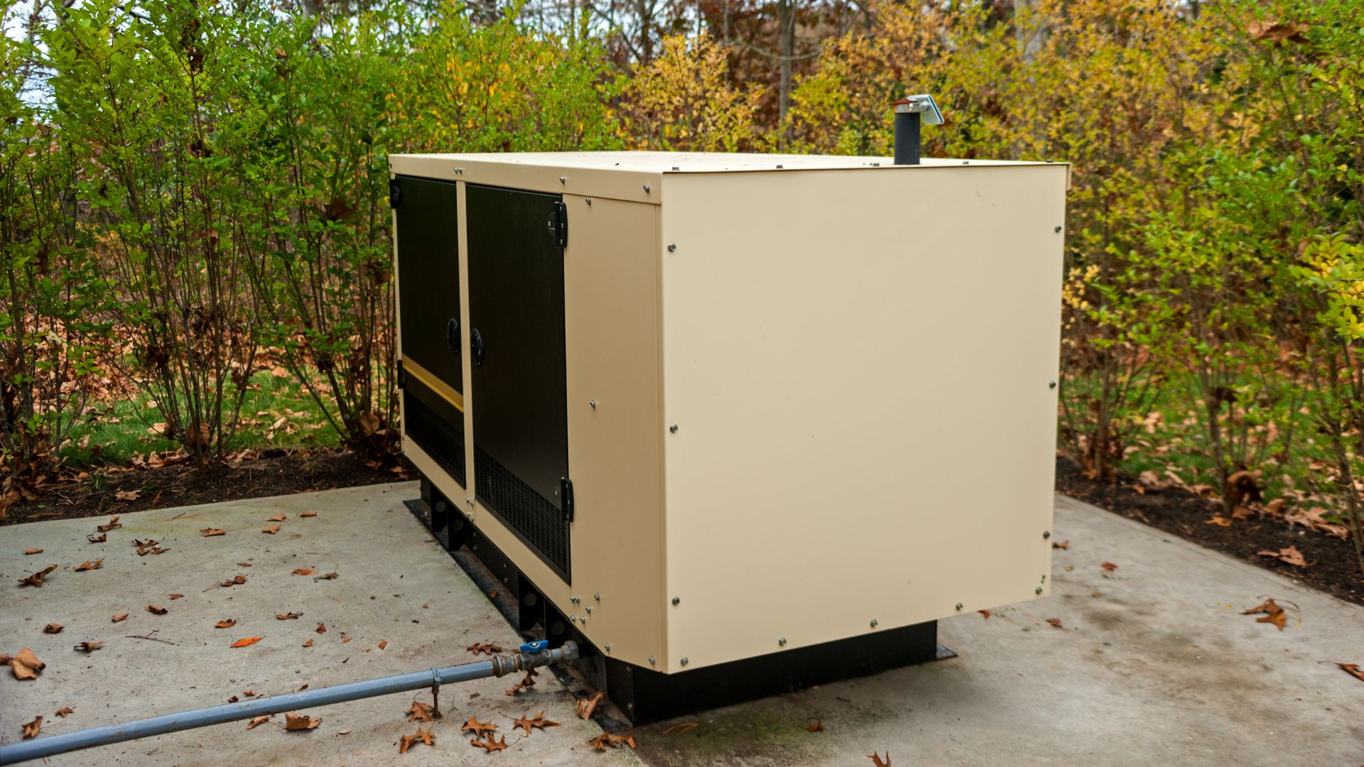 Standby generator installed on a concrete pad outdoors, surrounded by bushes and trees.