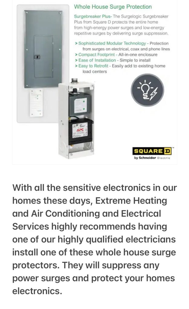 Promotional graphic for whole-house surge protection showing a Square D SurgeBreaker electrical panel and internal surge protection unit, with bullet points highlighting features like modular technology, compact design, and easy installation, along with text recommending professional installation to protect home electronics.