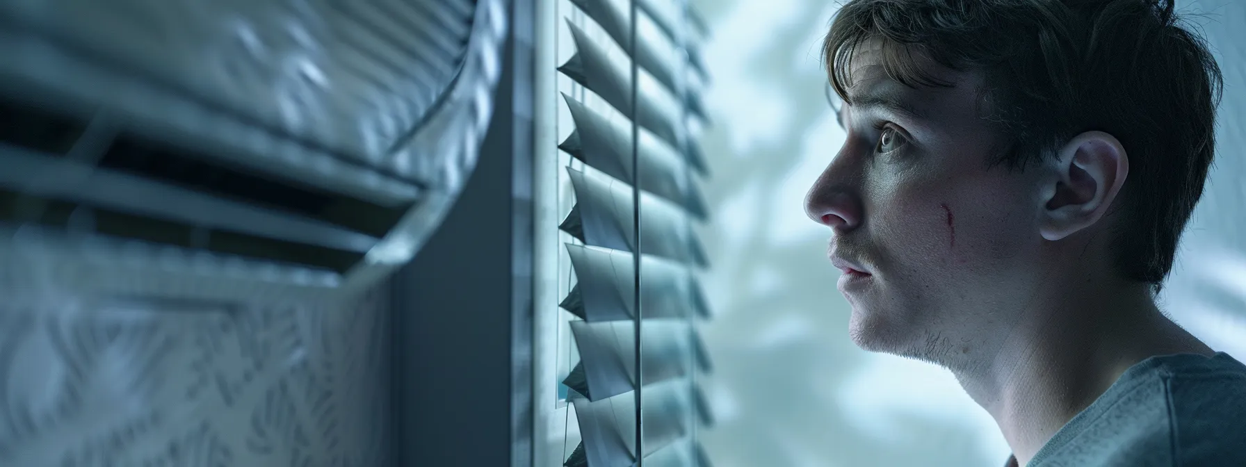 Man with a scar intently looking through window blinds, capturing a moment of suspense and anticipation; dramatic lighting adds depth, perfect for themes of mystery, intrigue, and tension in storytelling or cinematography.