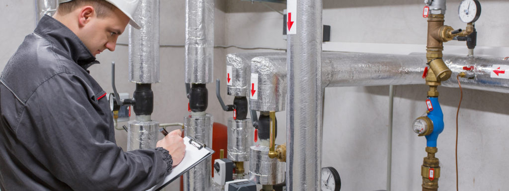 Technician in a hard hat inspecting industrial pipes and valves in a mechanical room, recording notes on a clipboard. The image highlights professional maintenance, plumbing inspection, and HVAC system management in industrial or commercial facilities.