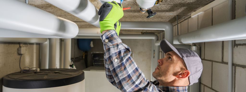Professional plumber inspecting and repairing pipes in a residential or commercial building, demonstrating skilled maintenance of water and heating systems. The image highlights plumbing services, pipe insulation, and regular system upkeep for optimal functionality.