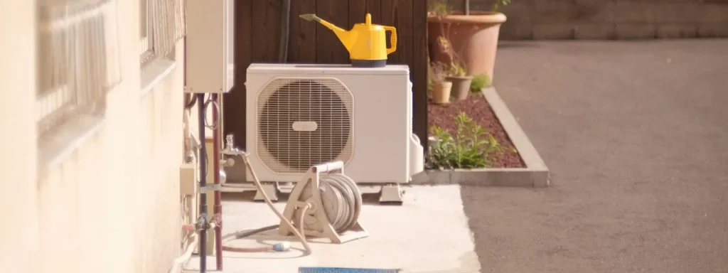 Outdoor HVAC unit installed beside a house with a garden hose reel and watering can nearby, illustrating the importance of keeping the area around the unit clear for proper airflow and maintenance.